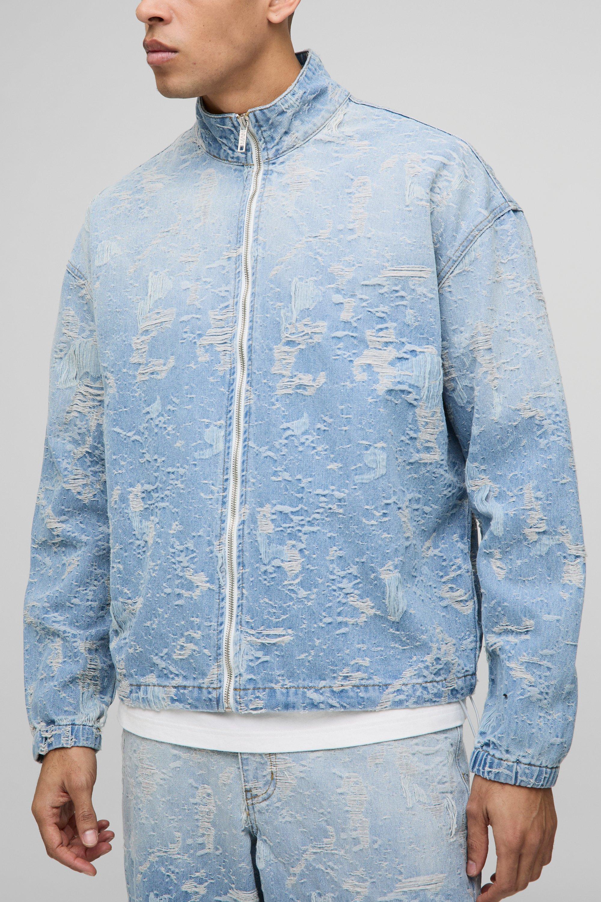 Oversized Funnel Neck Distressed Denim Jacket
